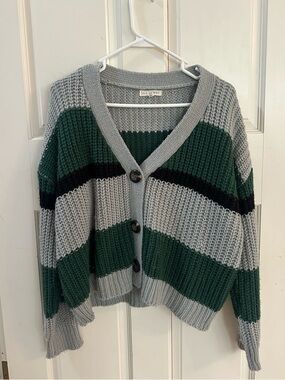 La Hearts Gray, Green & Black Striped V-Neck Cardigan